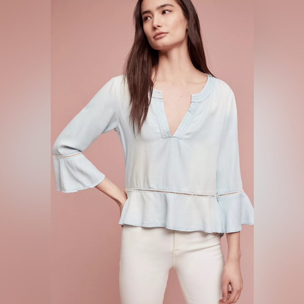 Cloth & Stone Washed Aria Henley Bell Sleeve Blue Blouse Size Small